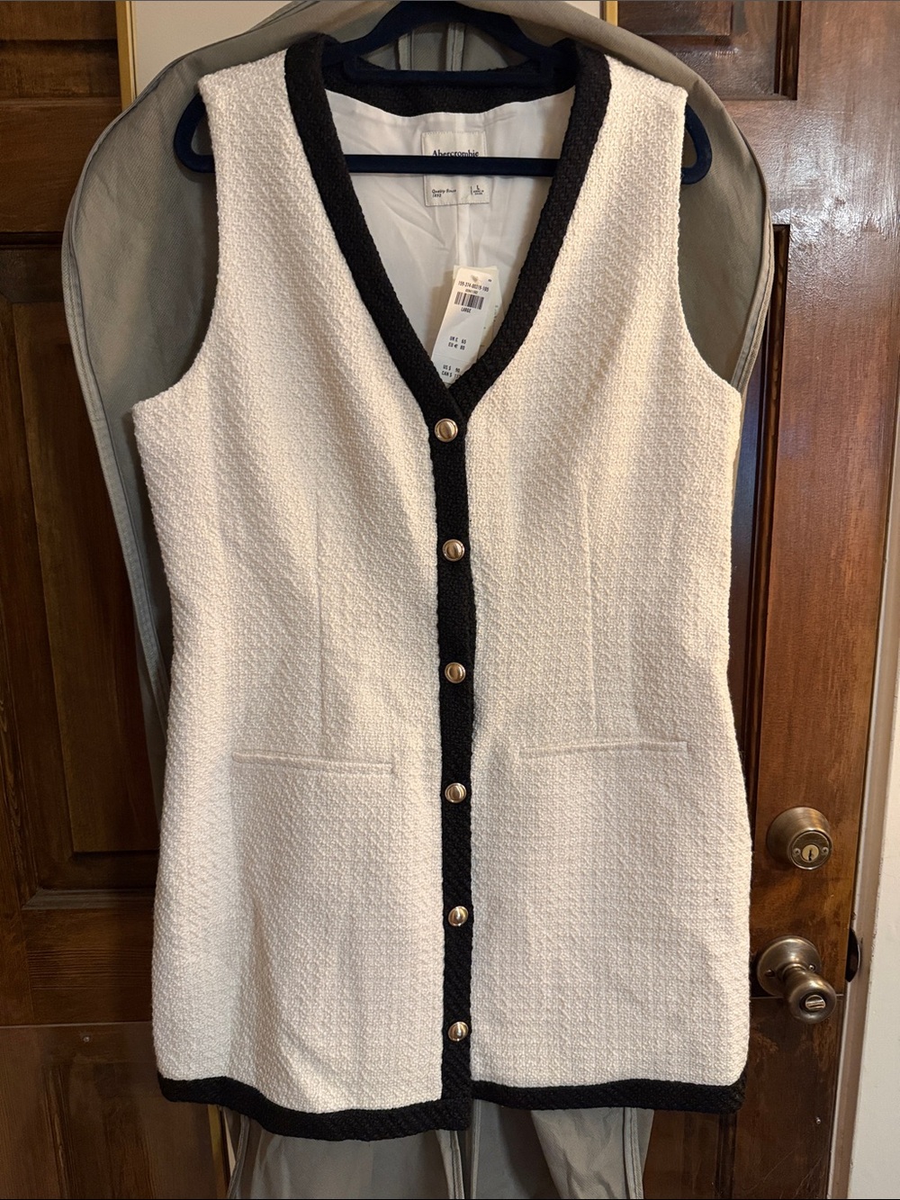 Cream Tweed Sleeveless Button Front Dress with Black Trim